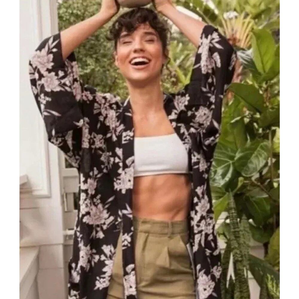 Spiritual Gangster Maya Black‎ Floral Tie Front Kimono Robe Cover Up Duster OS